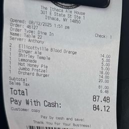 Bill $5.00 sodas - The receipt from Ithaca Ale House displays details of a dine-in order, including items such as Ellicottville Blood Orange, Ginger Ale, Shirley Temple, Lemonade, Hot Honey Pie, Jumbo Pretzel, and Orchard Burger, with prices and a subtotal. It shows the date, time, server name, and total amount paid, along with payment details and a barcode at the bottom.