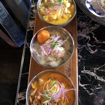 CVI.CHE 105 - Trilogy Sliced Fish Tiradito. Just eh. The traditional ceviche (middle) is the best, just get that one. - Peruvian Near Me - Miami, Florida