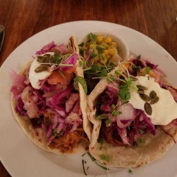 The Love Apple - 2 tacos with chicken and braised beef - New American Near Me - Taos, New Mexico The Love Apple - 2 tacos with chicken and braised beef - New American Near Me - Taos, New Mexico