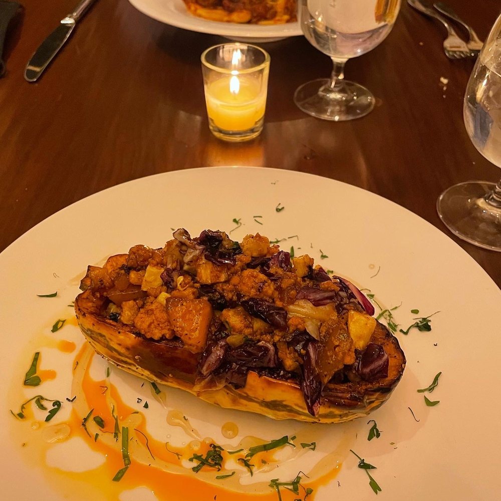1833 Kitchen and Bar - Delicata Squash vegan chorizo, root vegetables, winter greens, local apple - American Near Me - Aurora, New York 1833 Kitchen and Bar - Delicata Squash vegan chorizo, root vegetables, winter greens, local apple - American Near Me - Aurora, New York