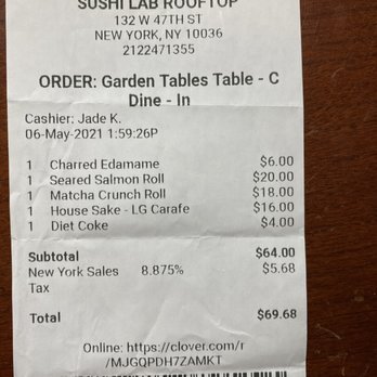 Sushi Lab Rooftop - Our receipt - Japanese Near Me - New York, New York Sushi Lab Rooftop - Our receipt - Japanese Near Me - New York, New York