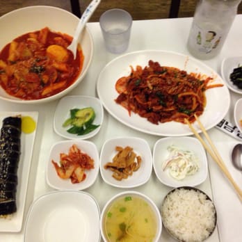 Namsan - Deokbokki, Kalbi-Kimbap, Spicy Marinated Pork, Banchan, and also Manduu (not shown) all for $38!!!!  Wow!!!  So yummy!! - Korean Near Me - Los Angeles, California