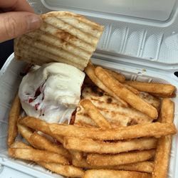 Grilled Chicken Panini with provolone and peppers and fries!
