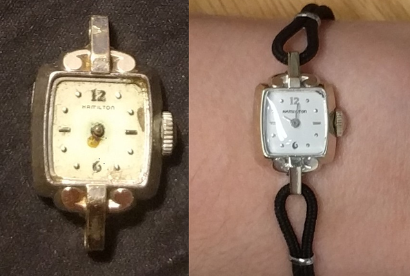 Photo of Ron Gordon Watch Repair - New York, NY, US. Vintage ladies Hamilton watch before and after.