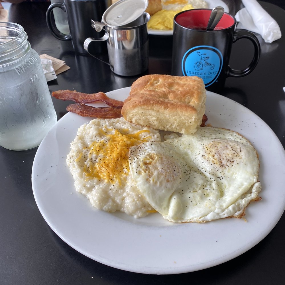 Mama's Boy - Eggs, cheese grits, bacon, biscuit, and coffee. - Southern Near Me - Athens, Georgia