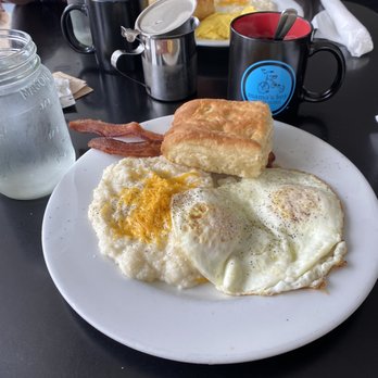 Mama's Boy - Eggs, cheese grits, bacon, biscuit, and coffee. - Southern Near Me - Athens, Georgia Mama's Boy - Eggs, cheese grits, bacon, biscuit, and coffee. - Southern Near Me - Athens, Georgia