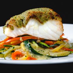 My Cousin's - Chilean Sea Bass with a garlic crust, served over mixed julienned vegetables.