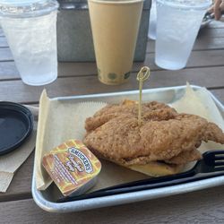 Hot honey chicken and waffle....w/ no honey and a waffle might be from a restaurant depot and warmed up on a toaster.