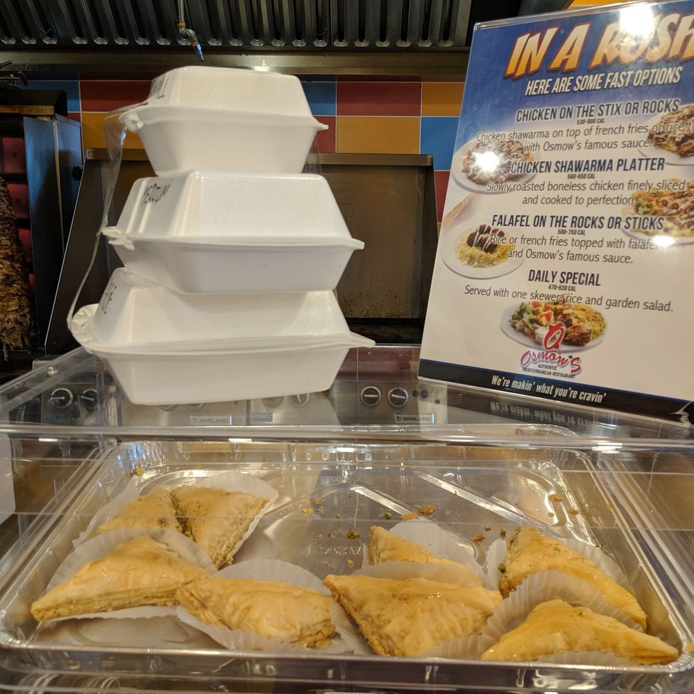Osmow's Shawarma - Small/medium/large containers with baklava in the display case - Mediterranean Near Me - Pickering, Ontario Osmow's Shawarma - Small/medium/large containers with baklava in the display case - Mediterranean Near Me - Pickering, Ontario
