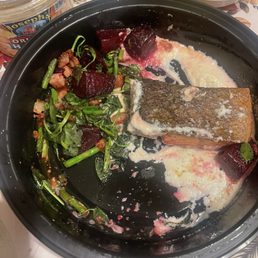 This was what takeout looked like $29 Salmon was way overcooked and that  plate is just an embarrassment!