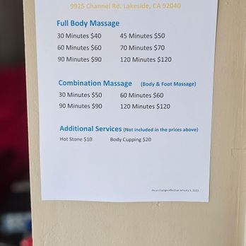 Healing Massage - List of Services Offered with Price List - Massage Near Me - Lakeside, California