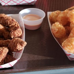 Finger steaks and Tater Tots. Finger steaks and Tater Tots.