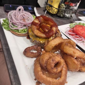 9 South Bar & Grille - The BBQ Burger with extra red onion and onion rings - Pubs Near Me - Middle Township, New Jersey
