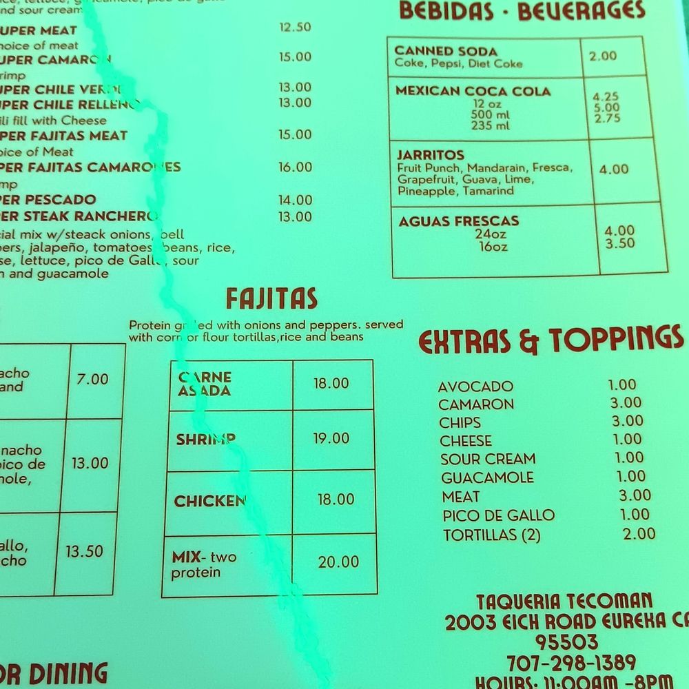 Taqueria Tecoman - current menu (Feb. 2025) - Desserts Near Me - Eureka, California Taqueria Tecoman - current menu (Feb. 2025) - Desserts Near Me - Eureka, California