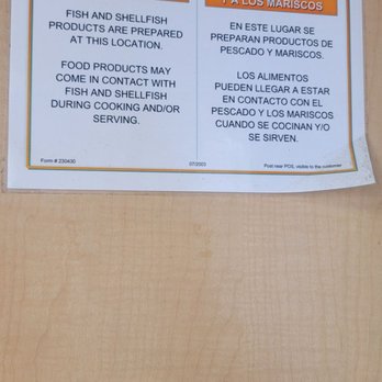 Long John Silver's - Allergen notices posted because it's fish - Seafood Near Me - Williamsburg, Kentucky