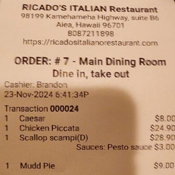 Ricado's Italian Restaurant - Italian Near Me - Aiea, Hawaii