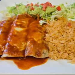 Beef enchiladas with rice and salad