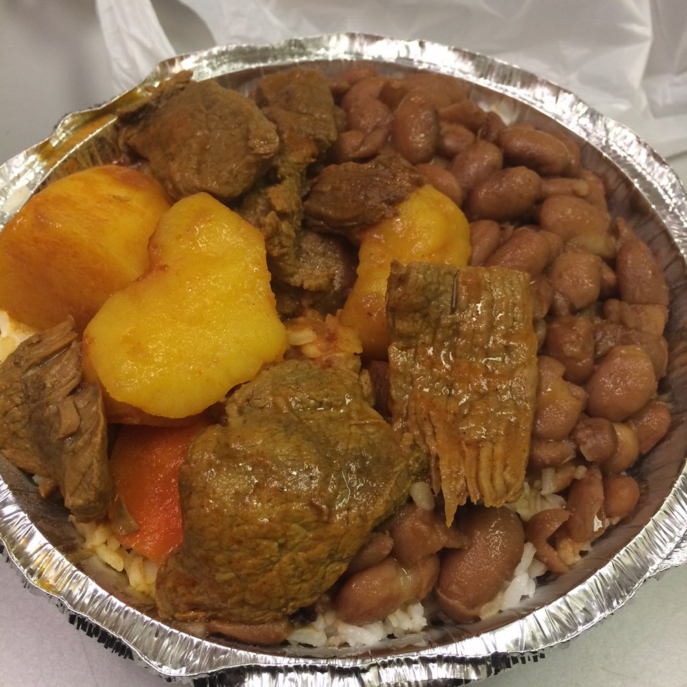 Beef stew, white rice, and beans