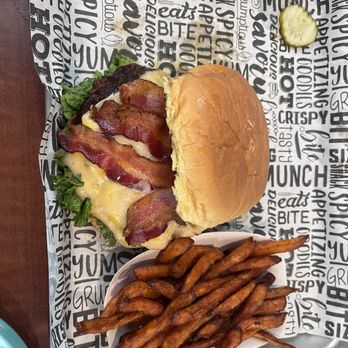 Buffalo Cornbread - TKO burger with sweet potato fries. - Burgers Near Me - Piedmont, South Carolina Buffalo Cornbread - TKO burger with sweet potato fries. - Burgers Near Me - Piedmont, South Carolina