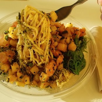 Lemonade - Salmon poke bowl comes with cold, peanut thai noodles. Unique, but not a fan - New American Near Me - Huntington Beach, California Lemonade - Salmon poke bowl comes with cold, peanut thai noodles. Unique, but not a fan - New American Near Me - Huntington Beach, California