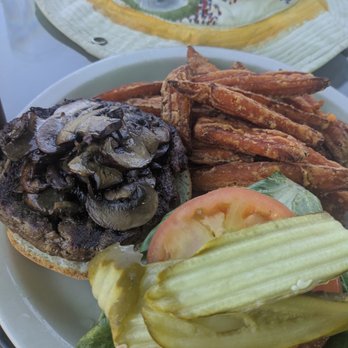 Priest Station Cafe - Mushroom and burger with crunchy sweet potato fries. - American Near Me - Big Oak Flat, California