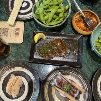 Nori Bar - Waikiki - Miso Soup, Edamame, spicy Smashed Cucumbers, A5 Miyazaki Wagyu, Nigiri Seared Hamachi and Seared Ahi Tataki. - Sushi Bars Near Me - Honolulu, Hawaii Nori Bar - Waikiki - Miso Soup, Edamame, spicy Smashed Cucumbers, A5 Miyazaki Wagyu, Nigiri Seared Hamachi and Seared Ahi Tataki. - Sushi Bars Near Me - Honolulu, Hawaii