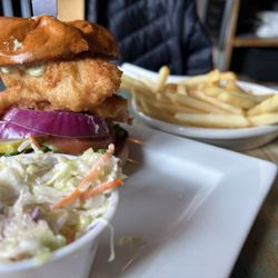 Paper Station Bistro - Walleye sandwich with slaw and fries