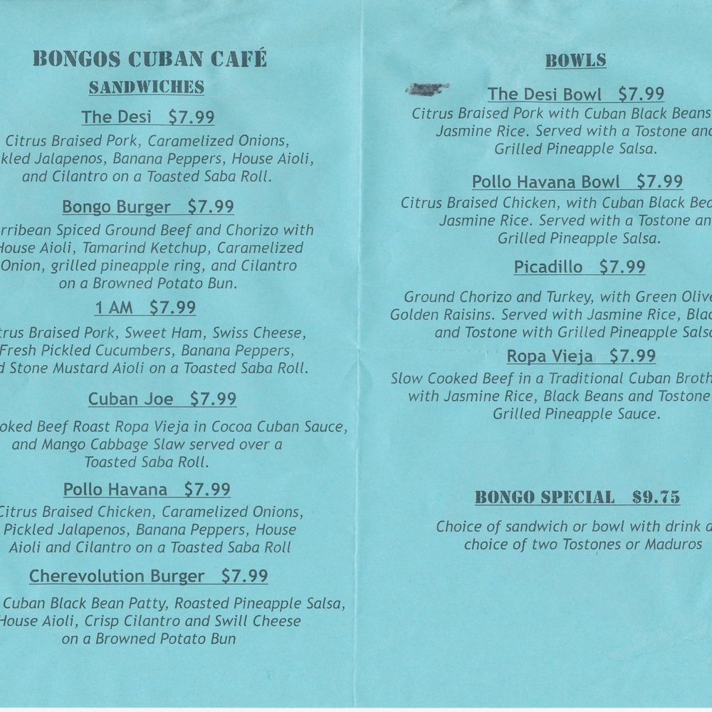 Bongos - Bongos menu - Cuban Near Me - Seattle, Washington