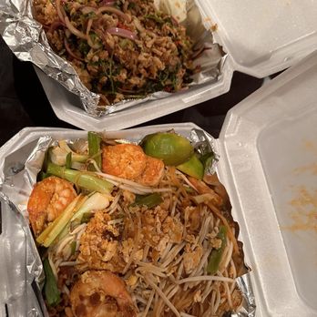 Secret Thai Restaurant - Larb on the left and shrimp pad Thai to the right - Thai Near Me - Chalmette, Louisiana Secret Thai Restaurant - Larb on the left and shrimp pad Thai to the right - Thai Near Me - Chalmette, Louisiana