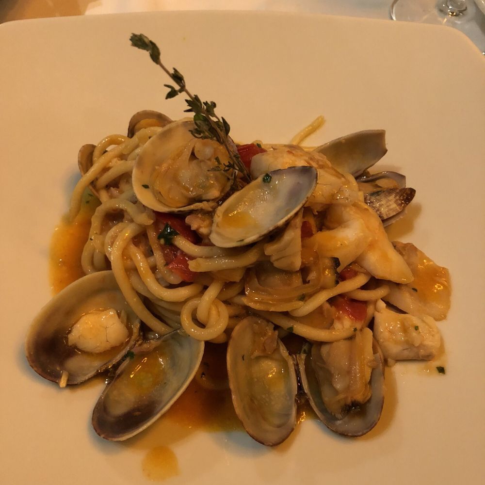 Il Porto di Ripetta - Long homemade pasta with seabass, clams and fresh tomatoes 18 Euro - Seafood Near Me - Rome, RM Il Porto di Ripetta - Long homemade pasta with seabass, clams and fresh tomatoes 18 Euro - Seafood Near Me - Rome, RM