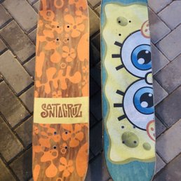 Santa Cruz Skate Spongebob on the left, and Alien w Spongebob grip tape on the right