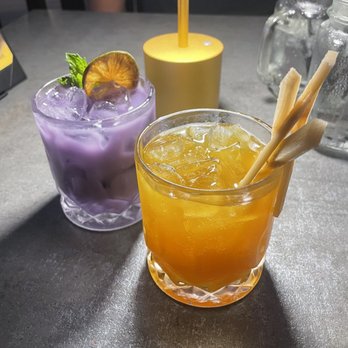 BESHOCK Ramen - Carlsbad - Summer cocktail special (orange) and Falling for Ube (purple) - both tasty and not too sweet! - Ramen Near Me - Carlsbad, California