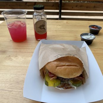 Magpie Cafe - Grass fed beef burger with bacon - New American Near Me - Sacramento, California Magpie Cafe - Grass fed beef burger with bacon - New American Near Me - Sacramento, California