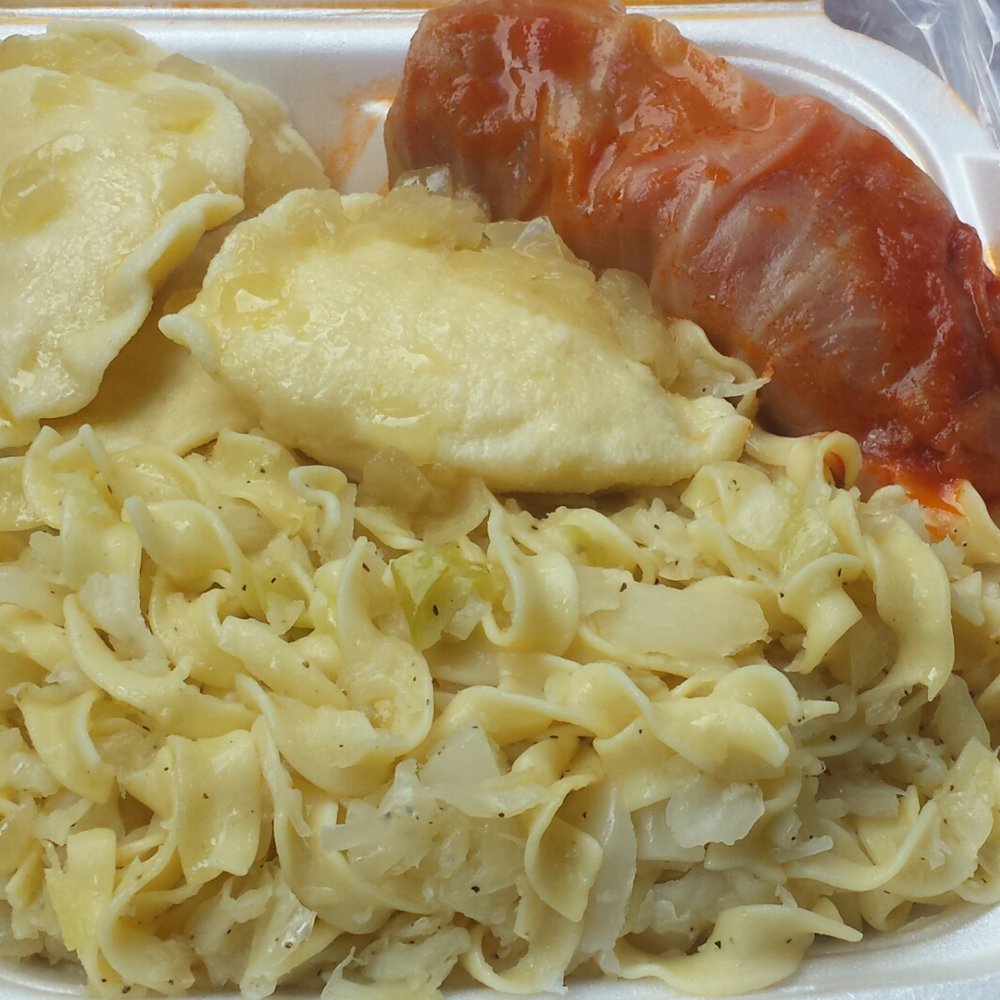 Pierogies Plus - one small haluski, one stuffed cabbage, four pierogies - Polish Near Me - McKees Rocks, Pennsylvania Pierogies Plus - one small haluski, one stuffed cabbage, four pierogies - Polish Near Me - McKees Rocks, Pennsylvania