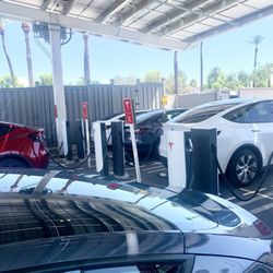 Tesla Supercharger - Another view of the parked cars charging