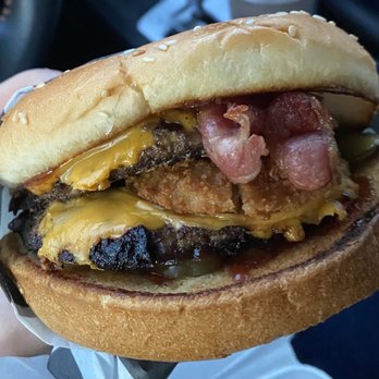 California Burger - Western burger, two patties + cheese + bacon + an onion ring + bbq sauce and I got extra pickles - Burgers Near Me - Indianapolis, Indiana California Burger - Western burger, two patties + cheese + bacon + an onion ring + bbq sauce and I got extra pickles - Burgers Near Me - Indianapolis, Indiana