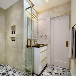 Claudia Interior Design - Laguna Beach, CA very small scale complete bathroom remodel