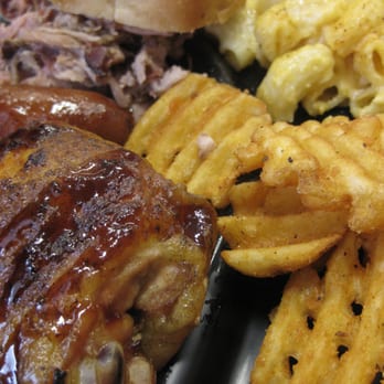 Pork On A Fork - Smokin' Sampler - Pulled pork, half smoked sausage, and chicken thigh with choice of 2 sides - mac & cheese and waffle fries. - Barbeque Near Me - Phoenix, Arizona Pork On A Fork - Smokin' Sampler - Pulled pork, half smoked sausage, and chicken thigh with choice of 2 sides - mac & cheese and waffle fries. - Barbeque Near Me - Phoenix, Arizona