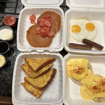 The Original Pancake House - Strawberry pancakes with eggs and sausage links. - Breakfast & Brunch Near Me - Baltimore, Maryland