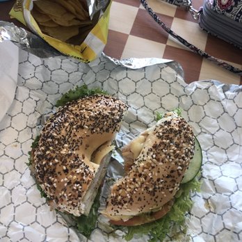 Skip's Bageldeli - downtown mary jane on an everything bagel, added lettuce and cucumber! lays baked potato chips as my side - Delis Near Me - Cincinnati, Ohio