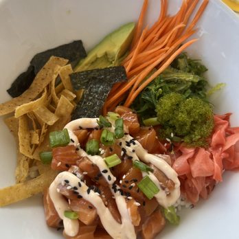 Lanai - Salmon poke bowl (jasmine rice underneath, would have been even better with sushi rice) - Bars Near Me - St. Thomas, Virgin Islands