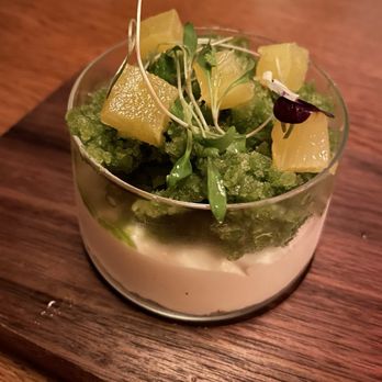 Uchi Philadelphia - Jasmine mousse with cilantro granita over honey crumbles - Sushi Bars Near Me - Philadelphia, Pennsylvania Uchi Philadelphia - Jasmine mousse with cilantro granita over honey crumbles - Sushi Bars Near Me - Philadelphia, Pennsylvania