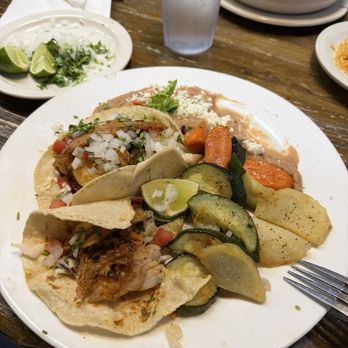 La Casa Del Sazon - Two Taco Plate - (both fish) with beans and veggies as the sides. - Mexican Near Me - Monterey, California