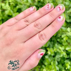 Flora Nail Studio - Natural nail BIAB overlay with level 2 nail art of mushrooms and green French.