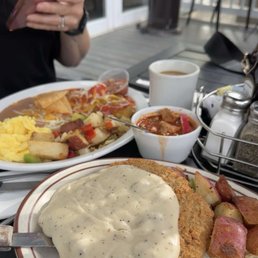 Chile relleno and eggs. Country fried steak and eggs Chile relleno and eggs. Country fried steak and eggs