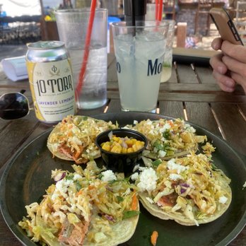 Chop 40 - Salmon tacos with corn salsa! Featuring 10 Torr Lavender Lemonade  so delish! Perfect for summer. - New American Near Me - Verdi, Nevada