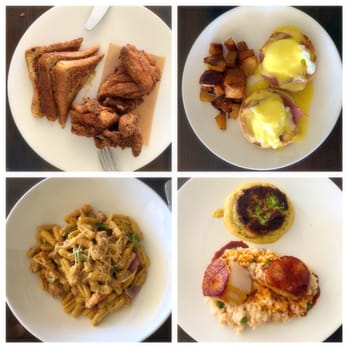 V's restaurant + bar - Clockwise from left: fried chicken and French toast, Eggs Benedict, crab cake and sea scallops, Salmon pasta - Mediterranean Near Me - Malibu, California V's restaurant + bar - Clockwise from left: fried chicken and French toast, Eggs Benedict, crab cake and sea scallops, Salmon pasta - Mediterranean Near Me - Malibu, California