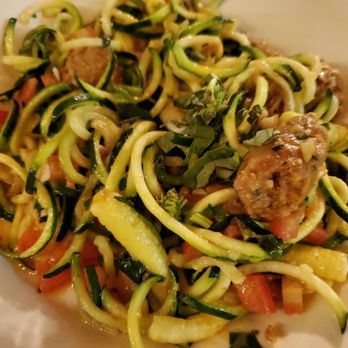 Picazzo's - Beyond Sausage & pesto pasta (sub zoodles and EVOO) - Gluten-Free Near Me - Gilbert, Arizona Picazzo's - Beyond Sausage & pesto pasta (sub zoodles and EVOO) - Gluten-Free Near Me - Gilbert, Arizona