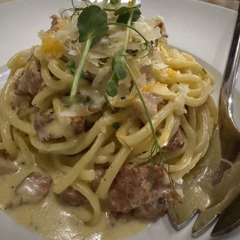 Vaticano Cucina - Carbonara with crumbled Italian sausage. - Italian Near Me - Edmonton, Alberta Vaticano Cucina - Carbonara with crumbled Italian sausage. - Italian Near Me - Edmonton, Alberta