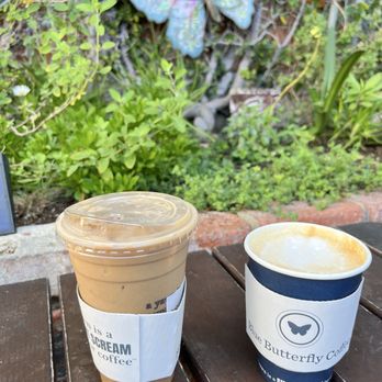 Blue Butterfly Coffee Co - Out drinks- iced brown sugar latte and a cappuccino - Coffee & Tea Near Me - El Segundo, California Blue Butterfly Coffee Co - Out drinks- iced brown sugar latte and a cappuccino - Coffee & Tea Near Me - El Segundo, California